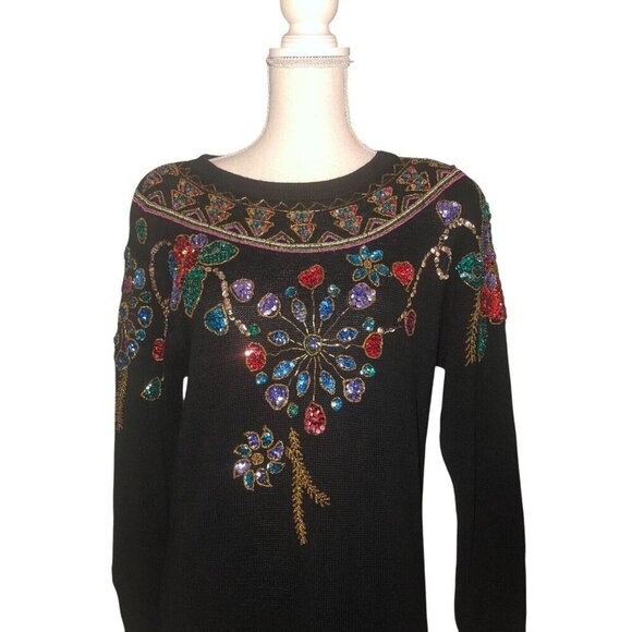 Vintage SML Sport LTD Sz S Women’s '92 Black Sequin Beads Christmas Knit Sweater - Picture 3 of 7